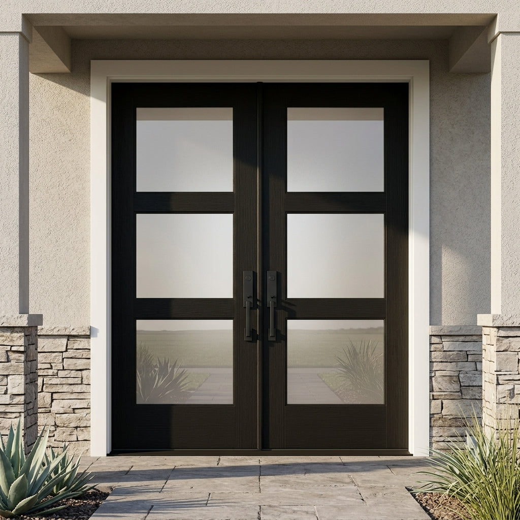 BRIGHTON Modern 3-Lite Frosted Fiberglass Double Door | Krosswood