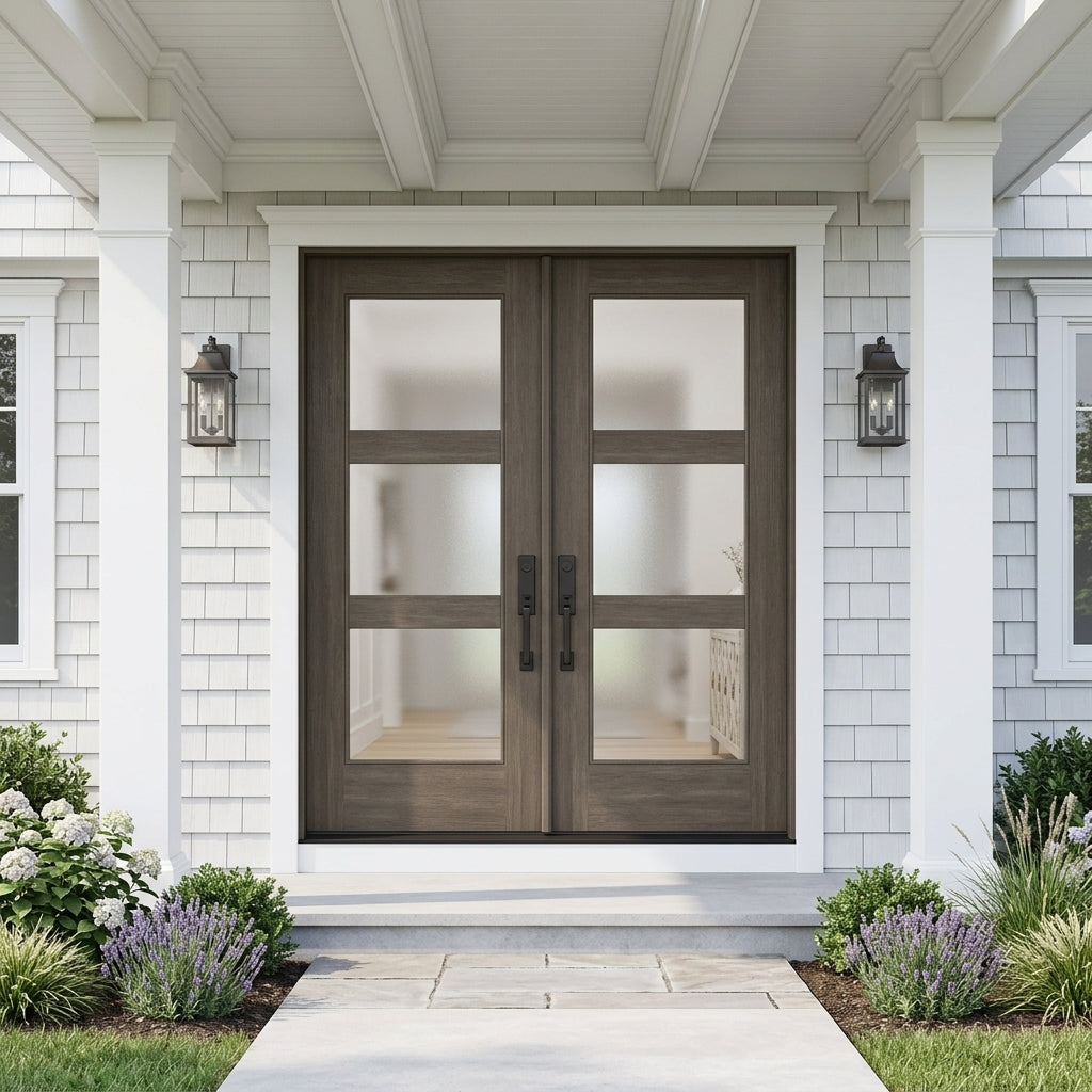 ジョゼフハノン様式ストラスブールシリーズコンポティエ BRIGHTON Modern 3-Lite Frosted Fiberglass Double Door | Krosswood