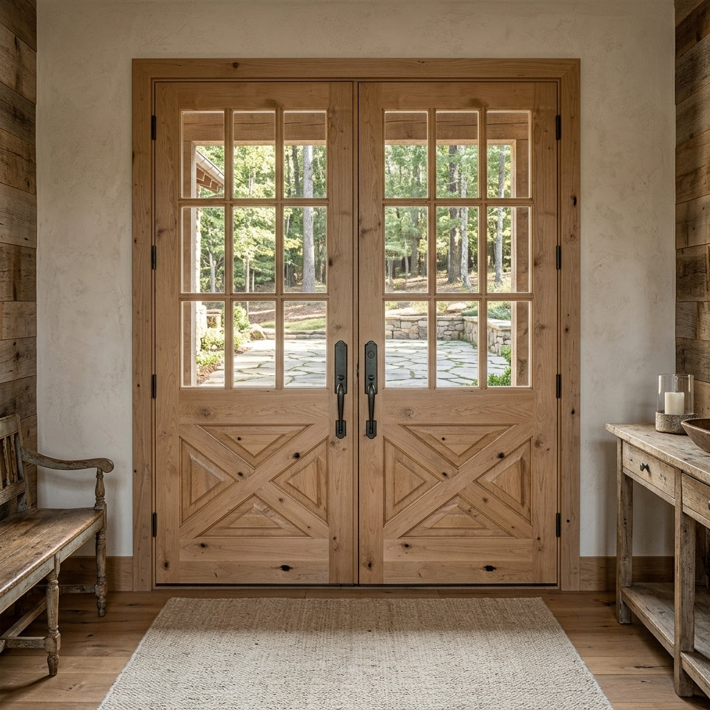 ガラス扉900x350x1200 Farmhouse Knotty Alder 9 Glass X-Panel Wood Double Door