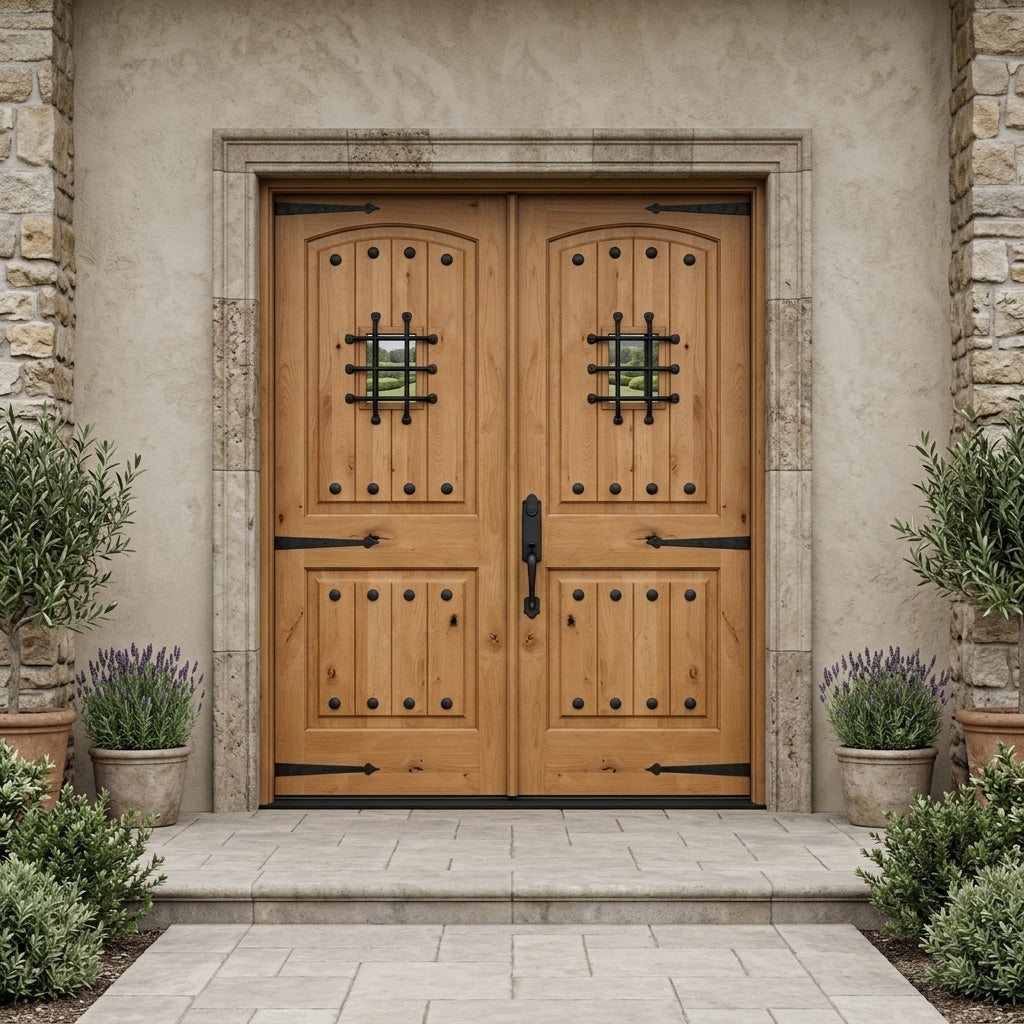 Mediterranean Arch Top Knotty Alder Speakeasy Double Door