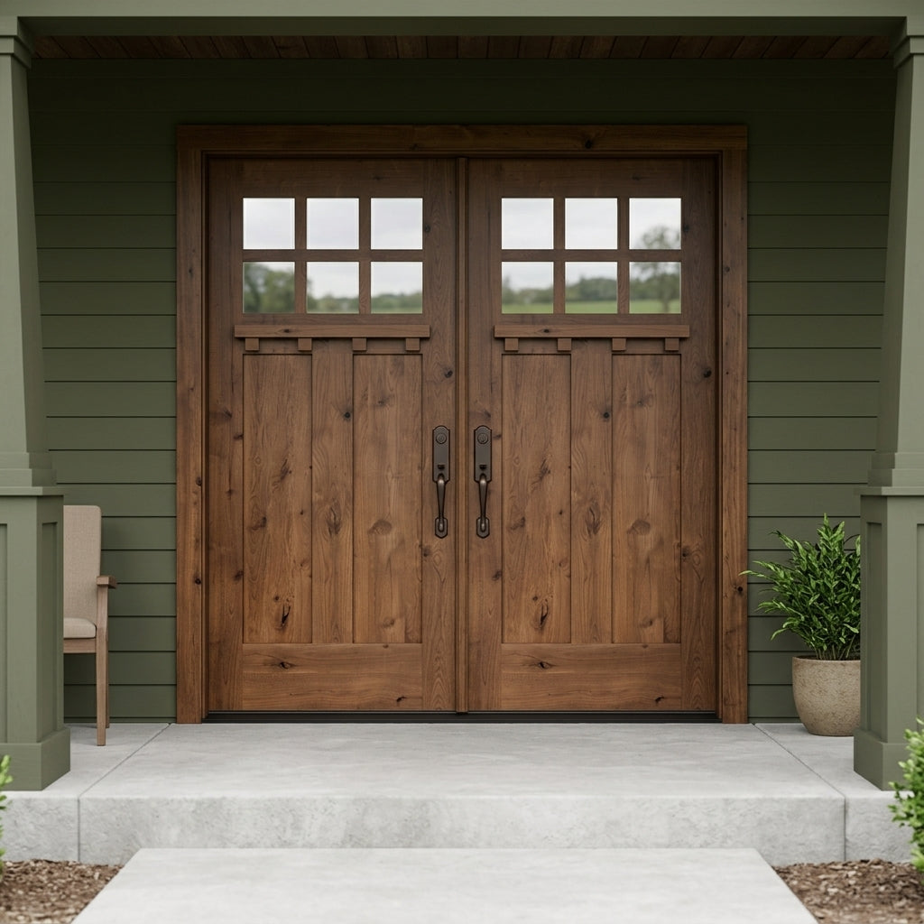 Craftsman Knotty Alder 6 Lite Clear Glass Wood Double Door