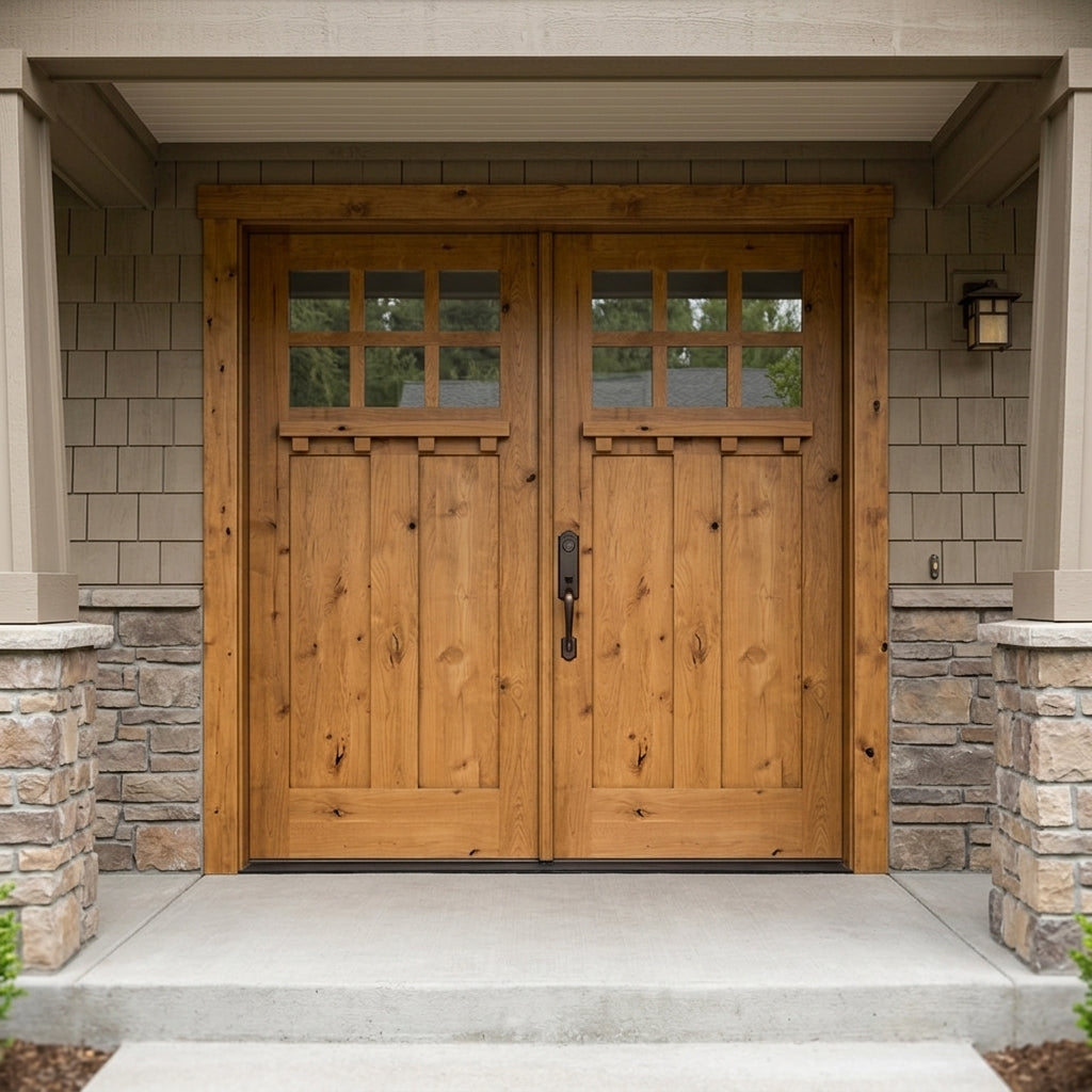 Craftsman Knotty Alder 6 Lite Clear Glass Wood Double Door