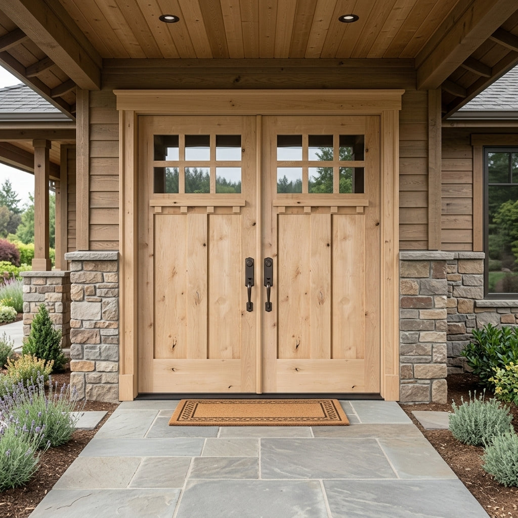 Craftsman Knotty Alder 6 Lite Clear Glass Wood Double Door