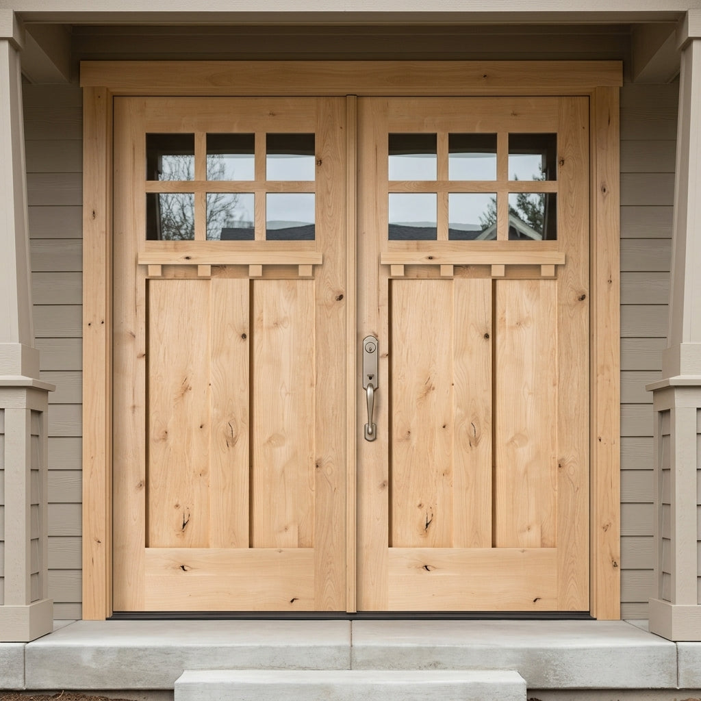 Craftsman Knotty Alder 6 Lite Clear Glass Wood Double Door