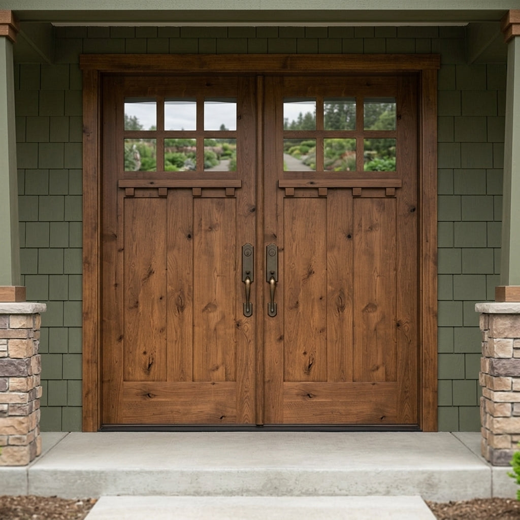 Craftsman Knotty Alder 6 Lite Clear Glass Wood Double Door