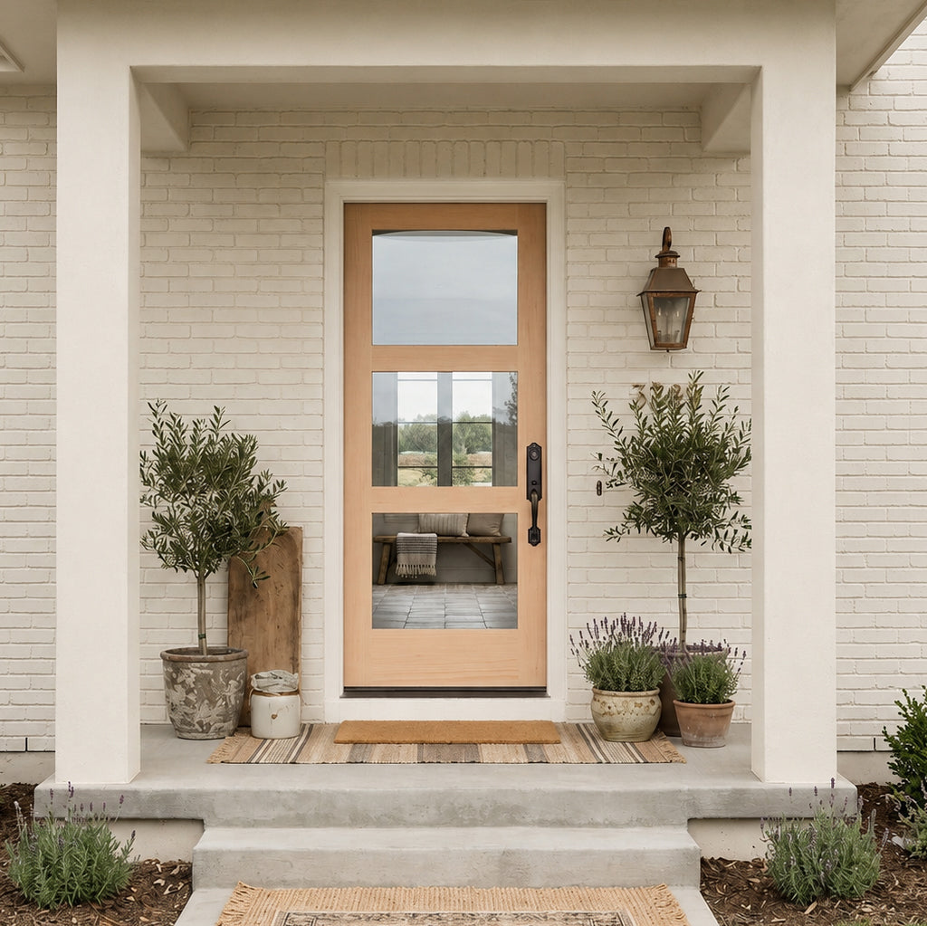Modern Hemlock 3 Lite Clear Glass Exterior Door | Krosswood Doors