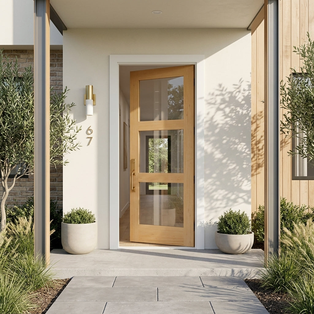 Modern Hemlock 3 Lite Clear Glass Exterior Door | Krosswood Doors