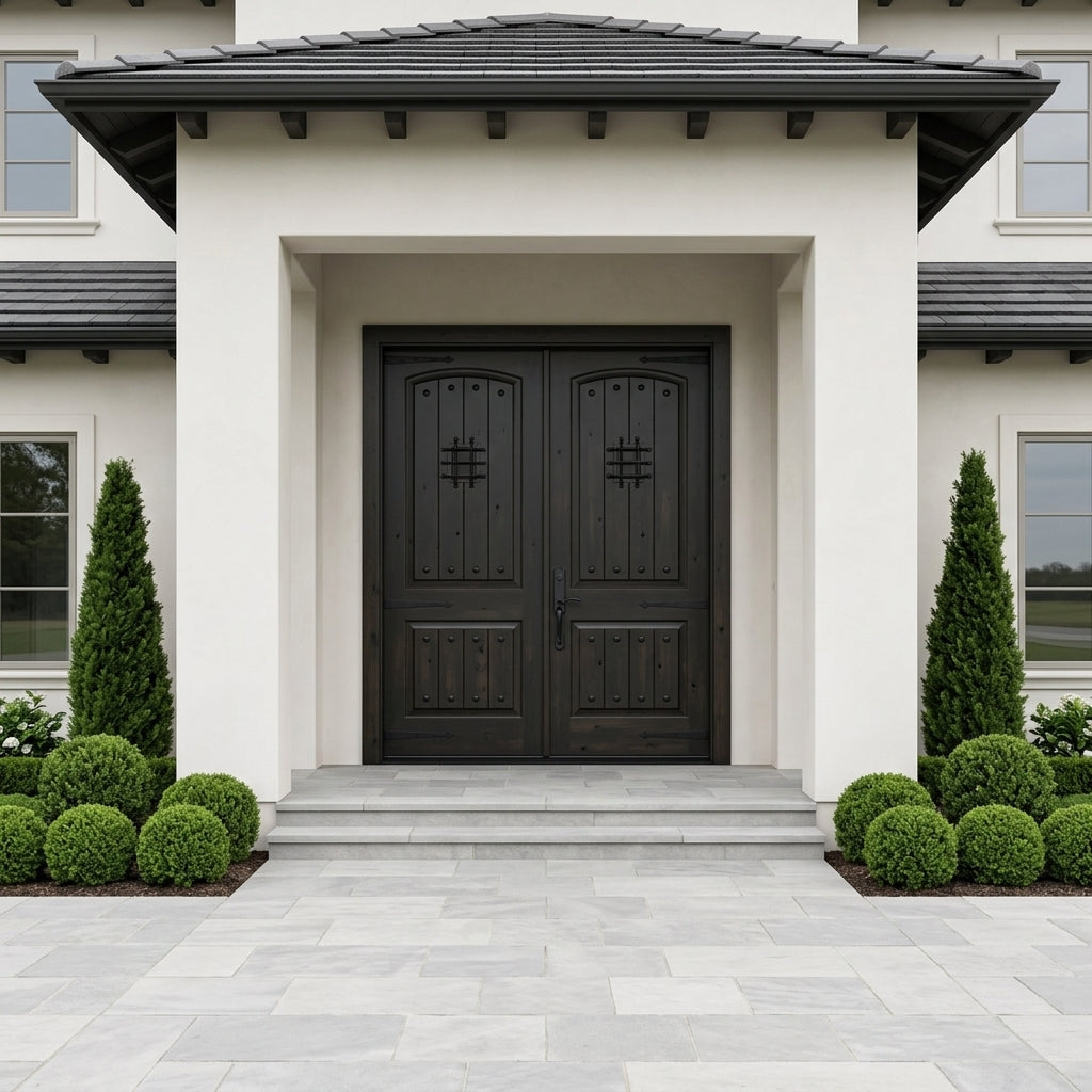 Mediterranean Arch Top Knotty Alder Speakeasy Double Door
