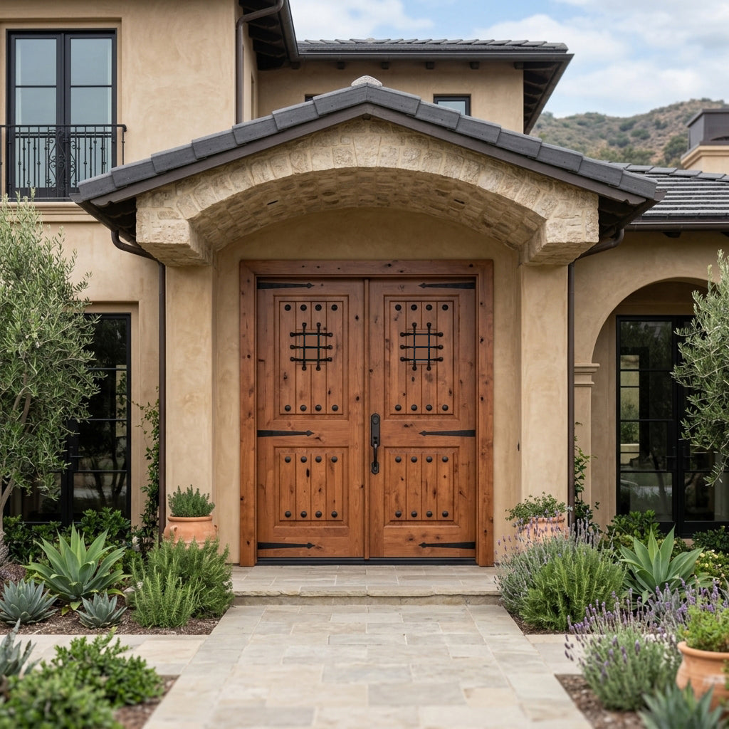 Mediterranean Knotty Alder Speakeasy Exterior Double Door