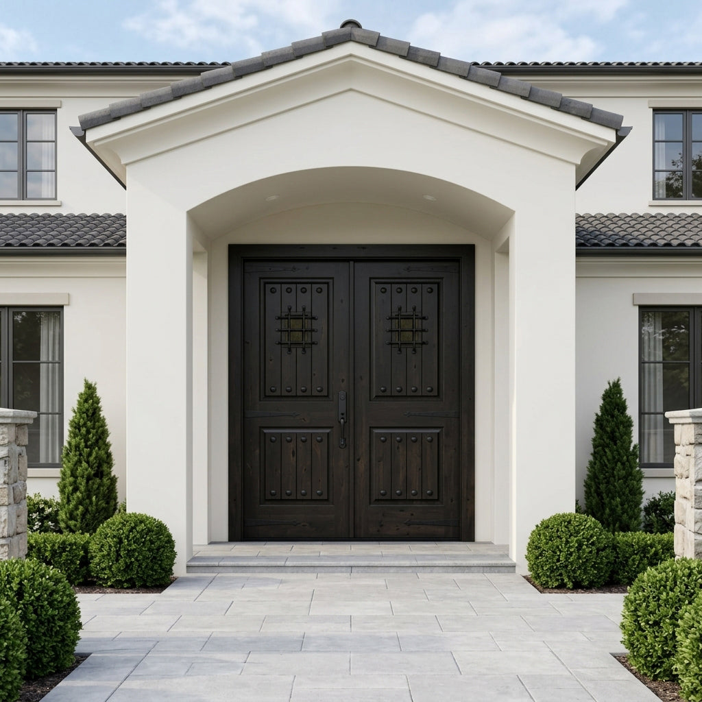 Mediterranean Knotty Alder Speakeasy Exterior Double Door