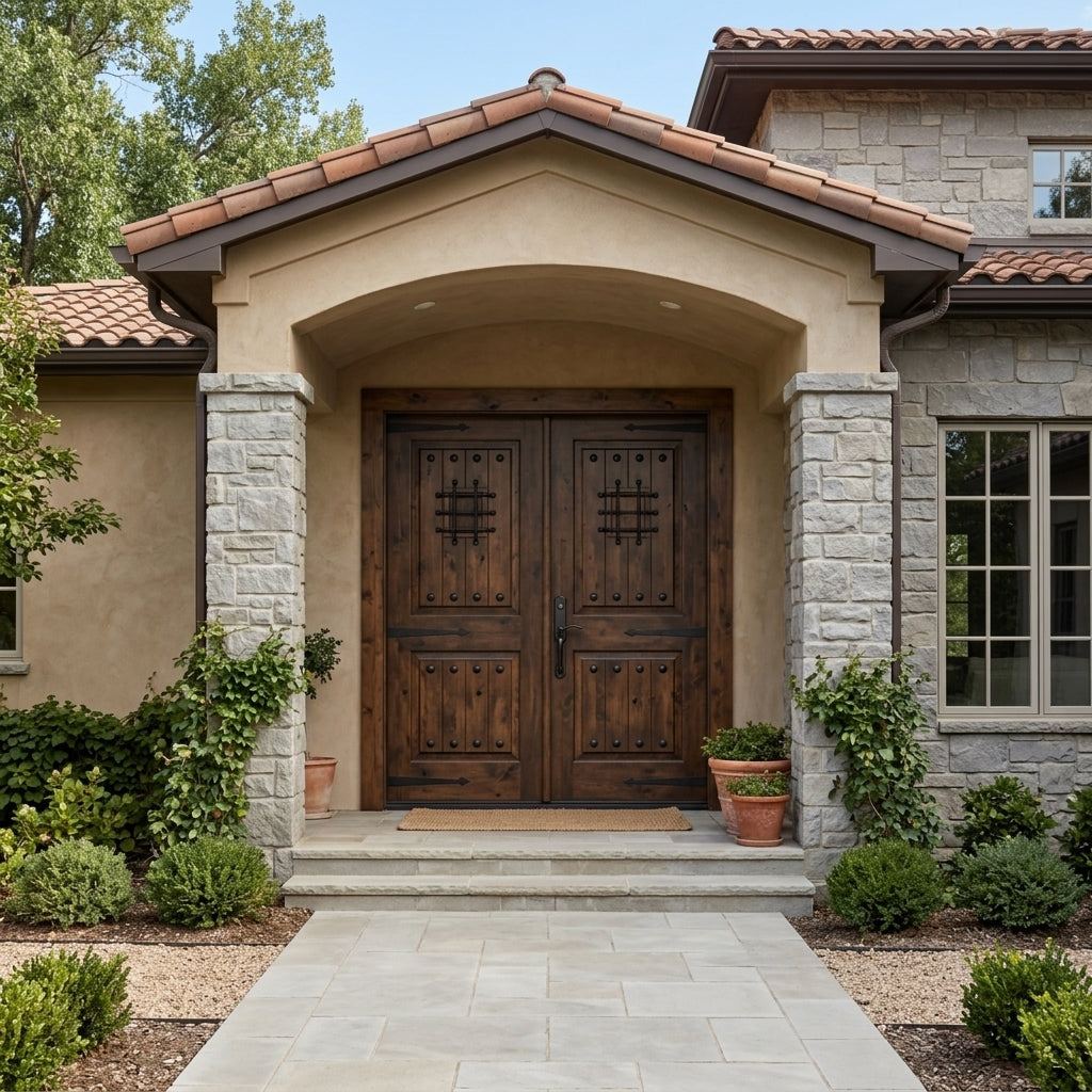 Mediterranean Knotty Alder Speakeasy Exterior Double Door
