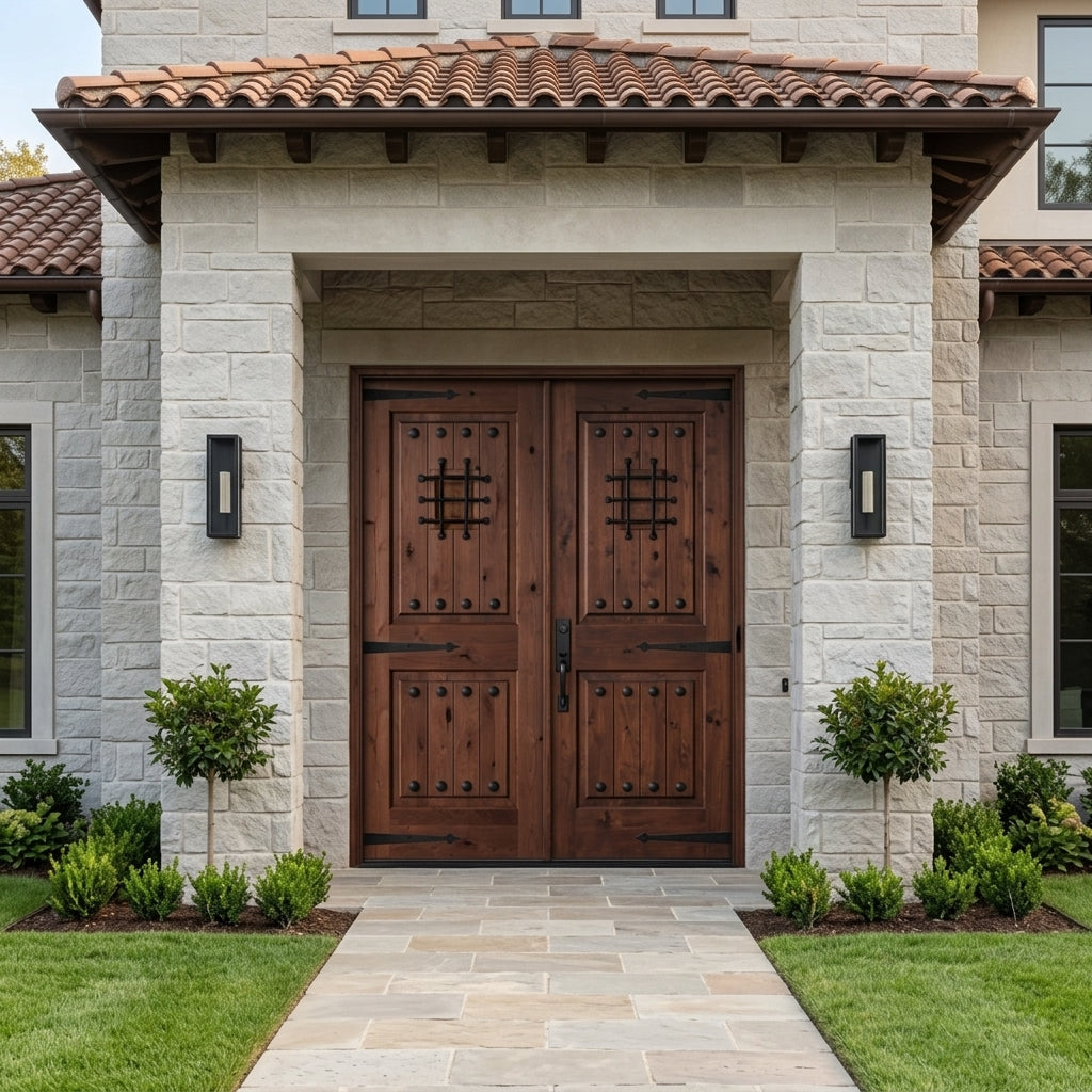 Mediterranean Knotty Alder Speakeasy Exterior Double Door