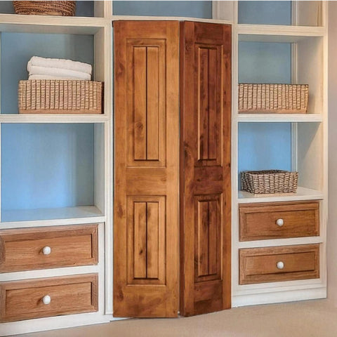 Rustic Knotty Alder V-Groove Wood Bifold Closet Door with Hardware