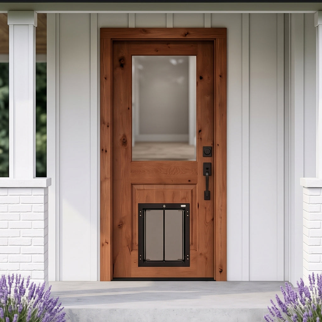 Krosswood Knotty Alder Half-Lite Front Door with PlexiDor Dog Door