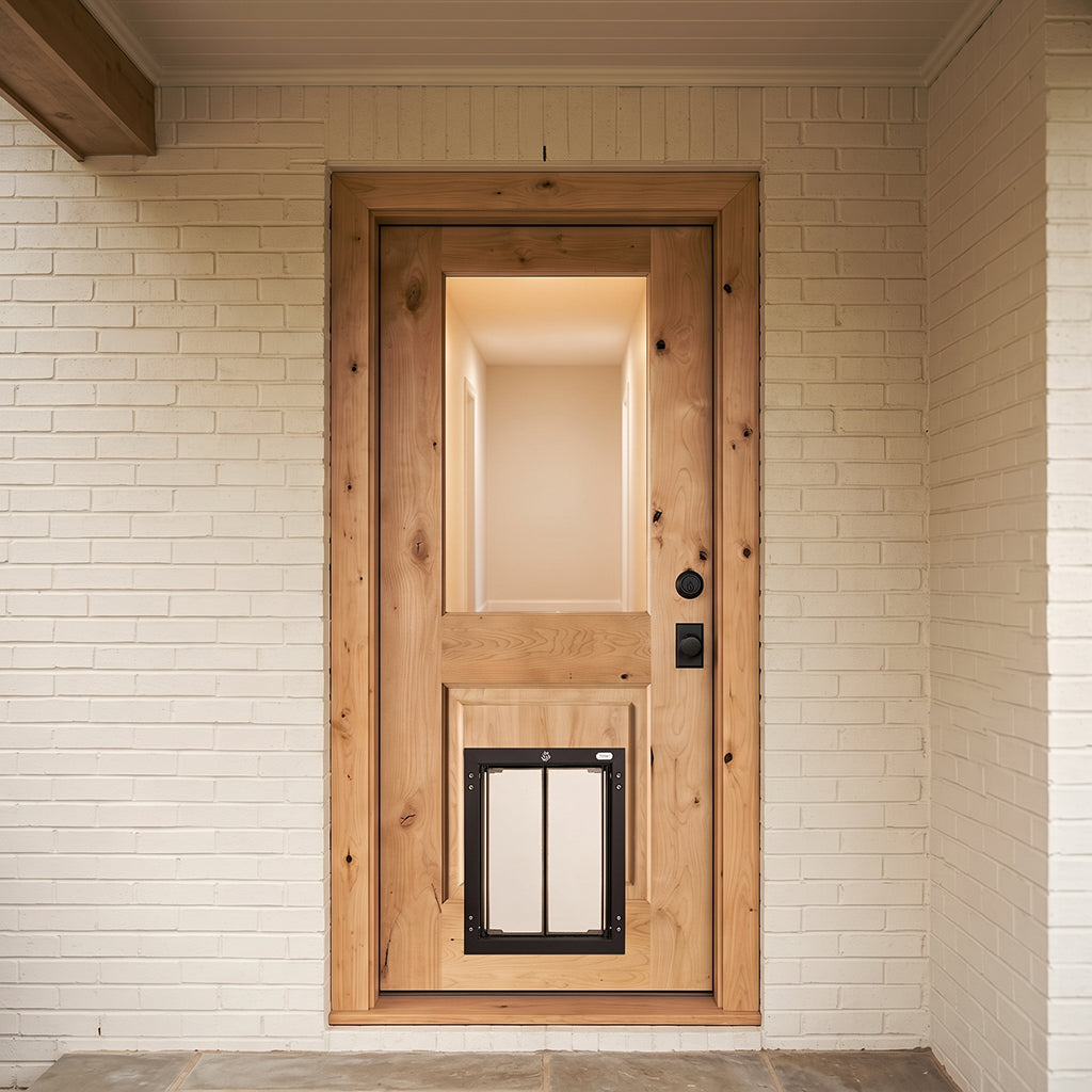 Krosswood Knotty Alder Half-Lite Front Door with PlexiDor Dog Door
