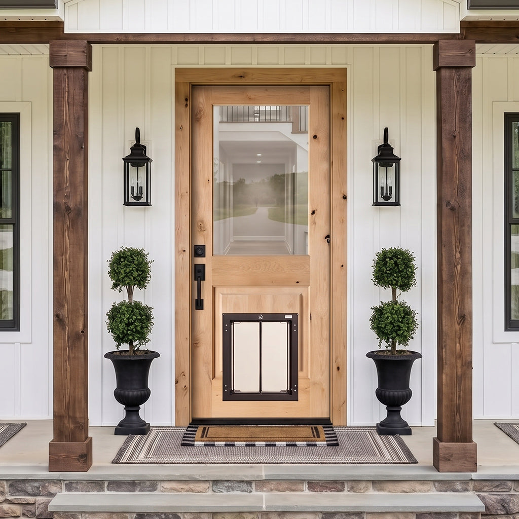 Krosswood Knotty Alder Half-Lite Front Door with PlexiDor Dog Door