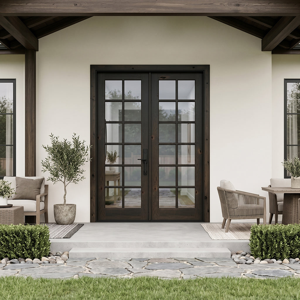French Knotty Alder Wood 12 Lite Clear Glass Exterior Double Door