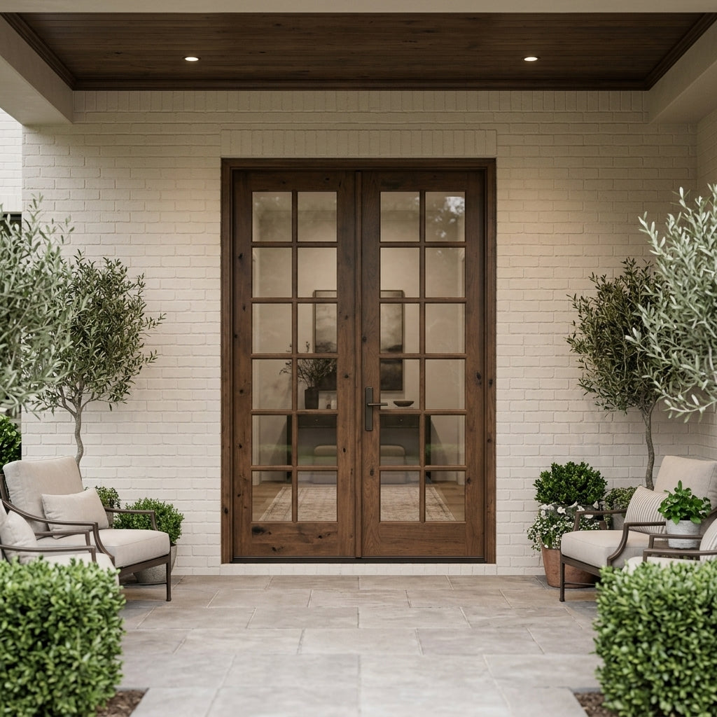French Knotty Alder Wood 12 Lite Clear Glass Exterior Double Door