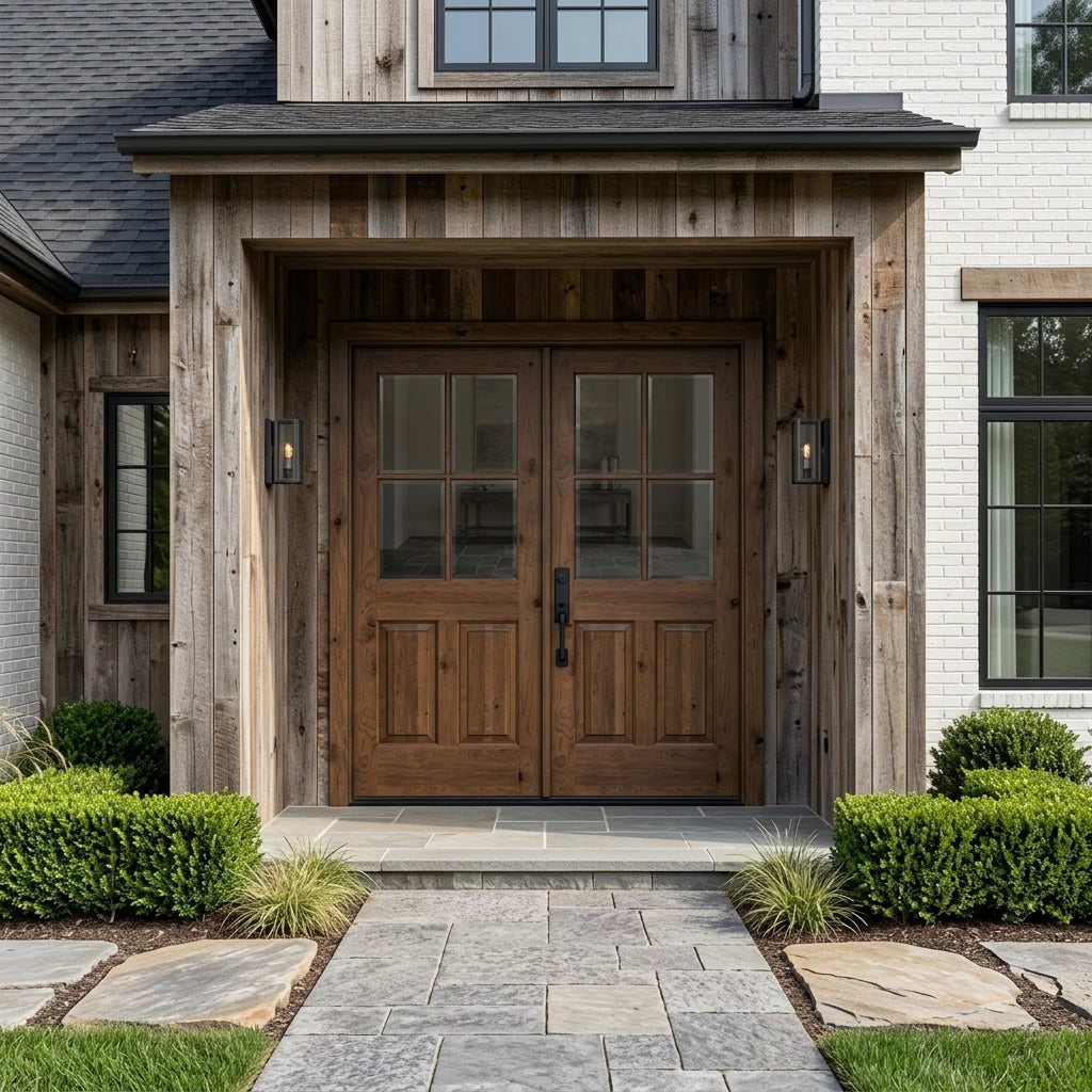 Modern Farmhouse Knotty Alder 4-Lite Exterior Double Door