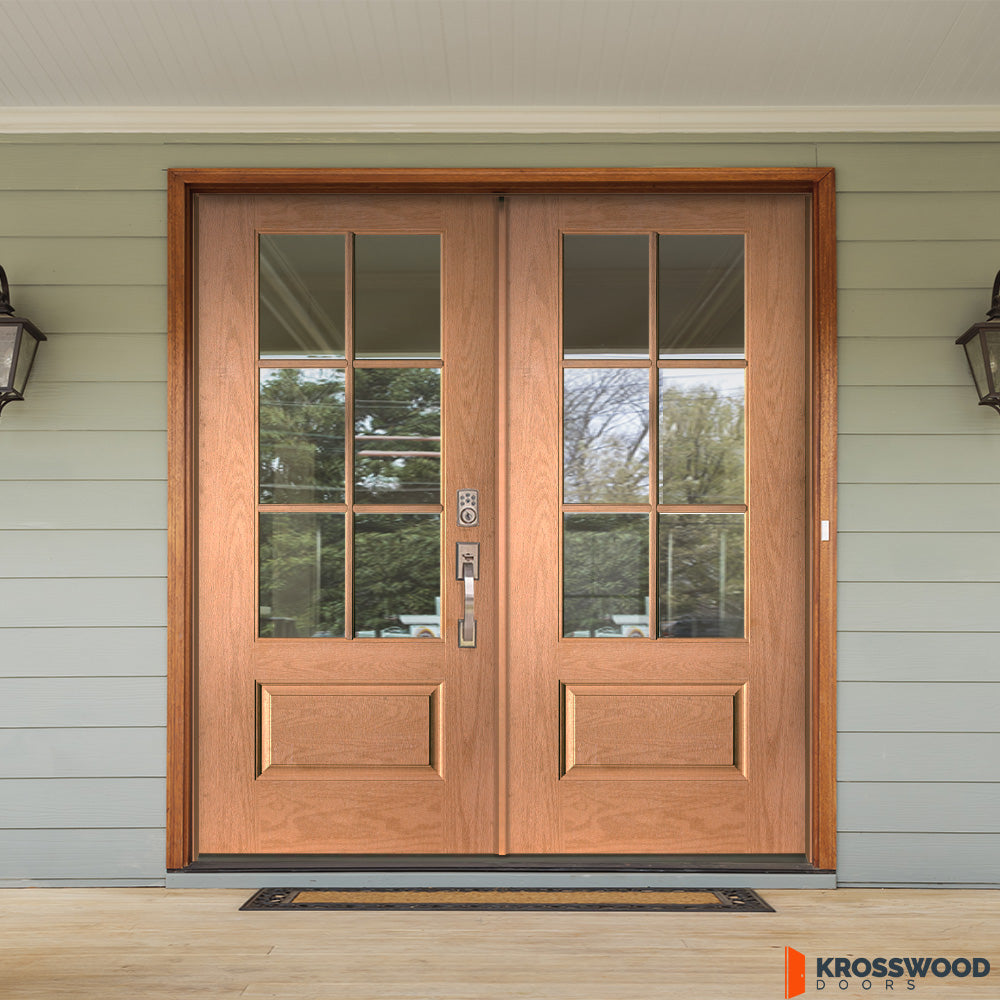 Fiberglass 6 Lite Clear Glass Window Wood-Like Double Door | Krosswood