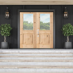 Farmhouse Knotty Alder Half Lite Glass V-Groove Exterior Double Door