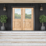 Farmhouse Knotty Alder Half Lite Glass V-Groove Exterior Double Door