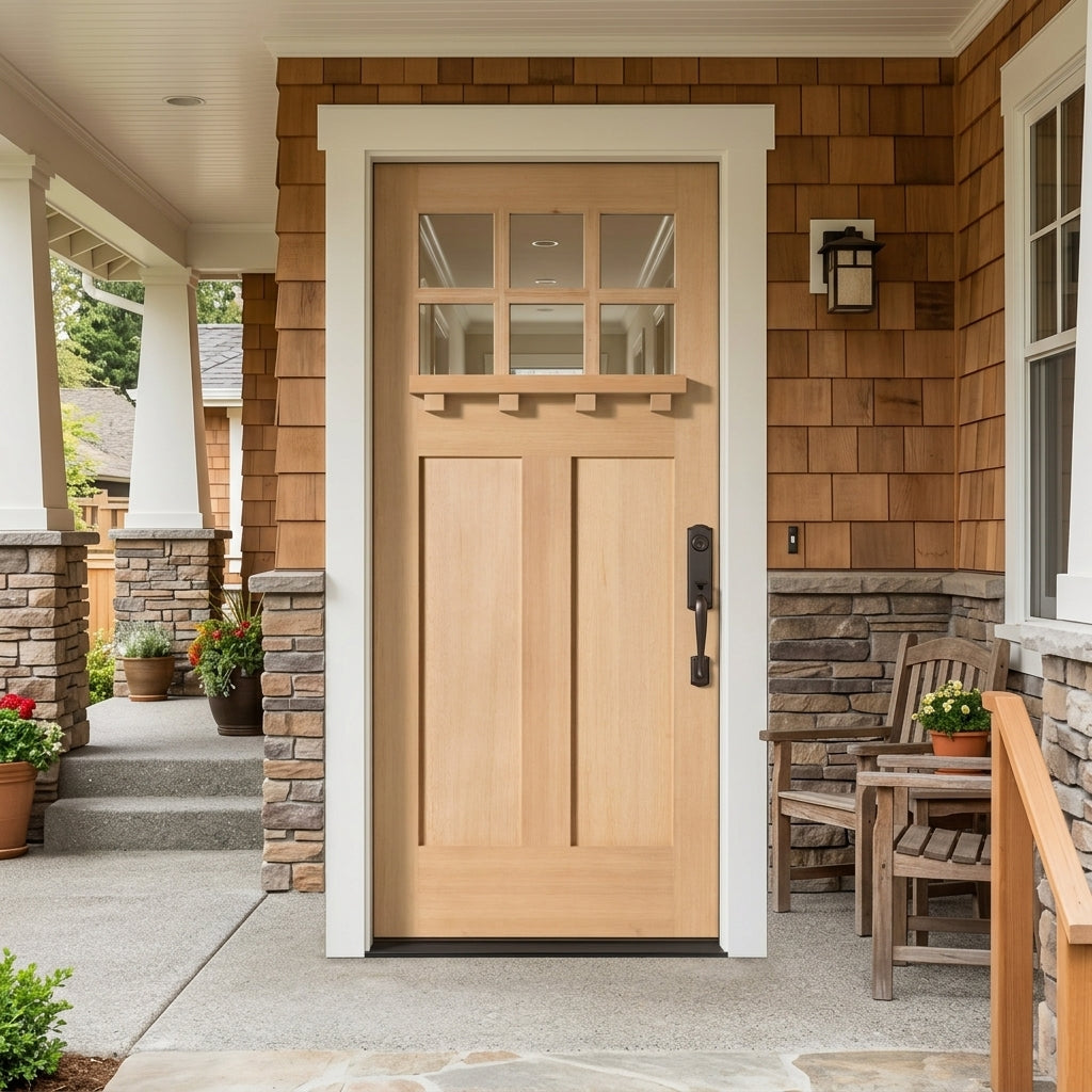 Craftsman 6 Lite Glass Window Wood Door with Dentil Shelf