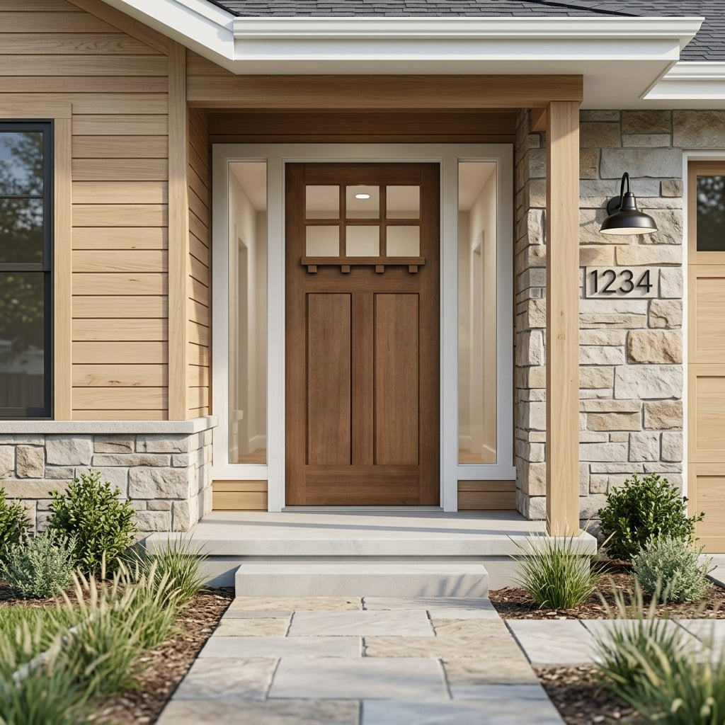 Craftsman 6 Lite Glass Window Wood Door with Dentil Shelf