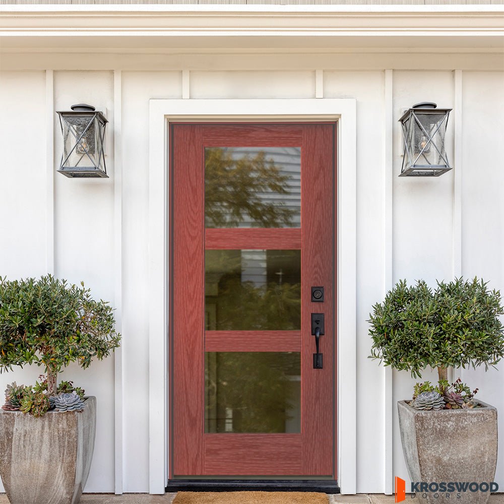 BRIGHTON Modern Fiberglass 3 Lite Clear Glass Exterior Door - Krosswood