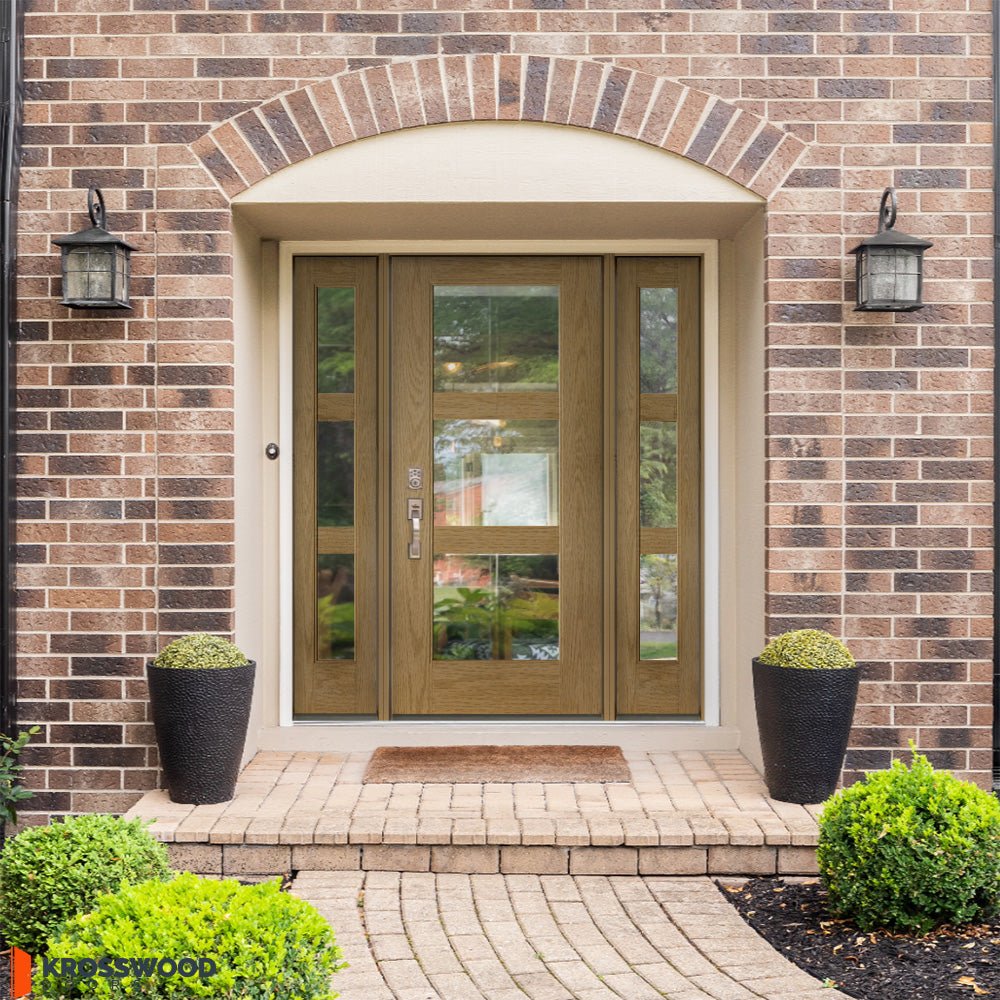 BRIGHTON Modern Fiberglass 3 Lite Clear Glass Exterior Door - Krosswood