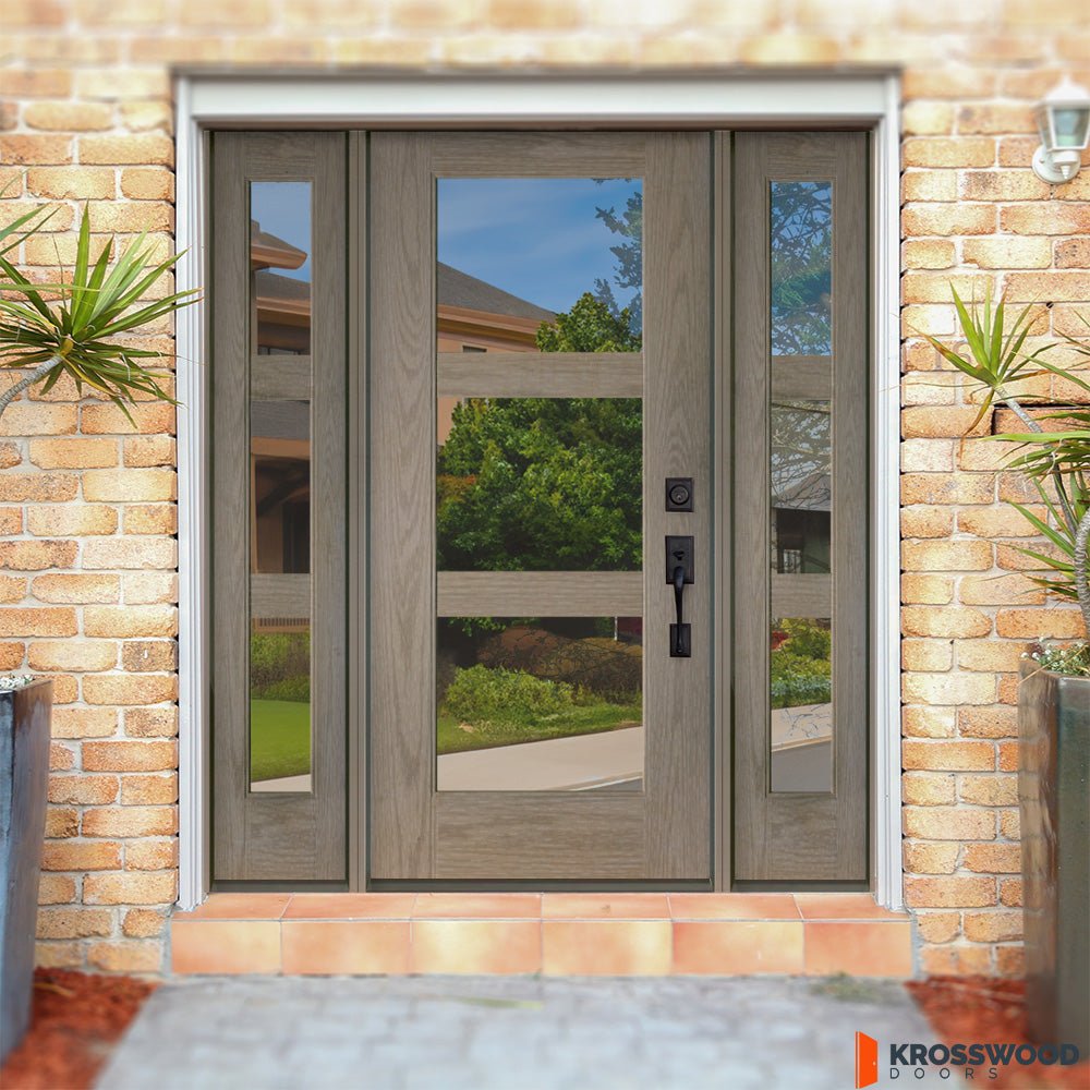 BRIGHTON Modern Fiberglass 3 Lite Clear Glass Exterior Door - Krosswood