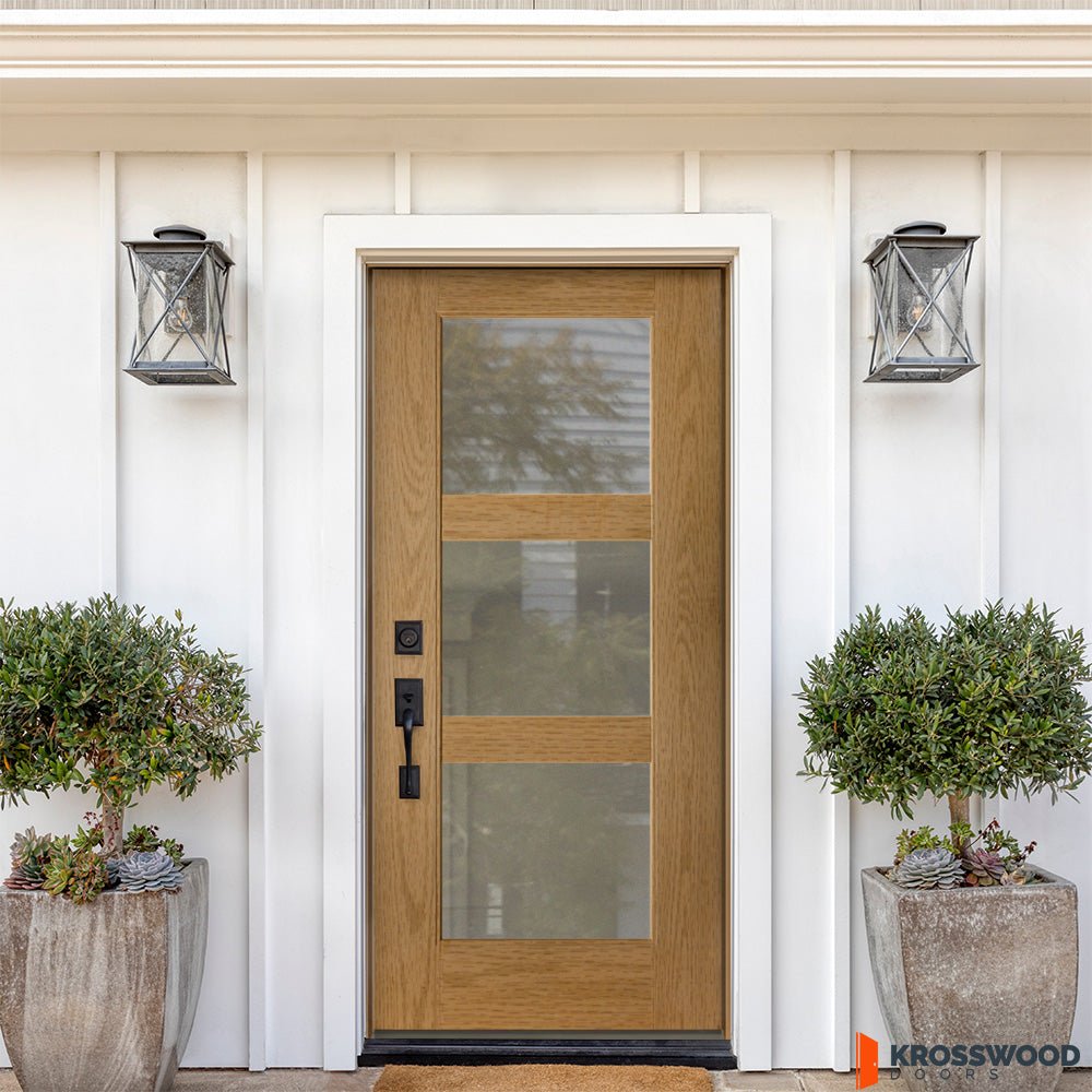Modern Fiberglass Wood Like Satin Glass Front Door | Krosswood Doors