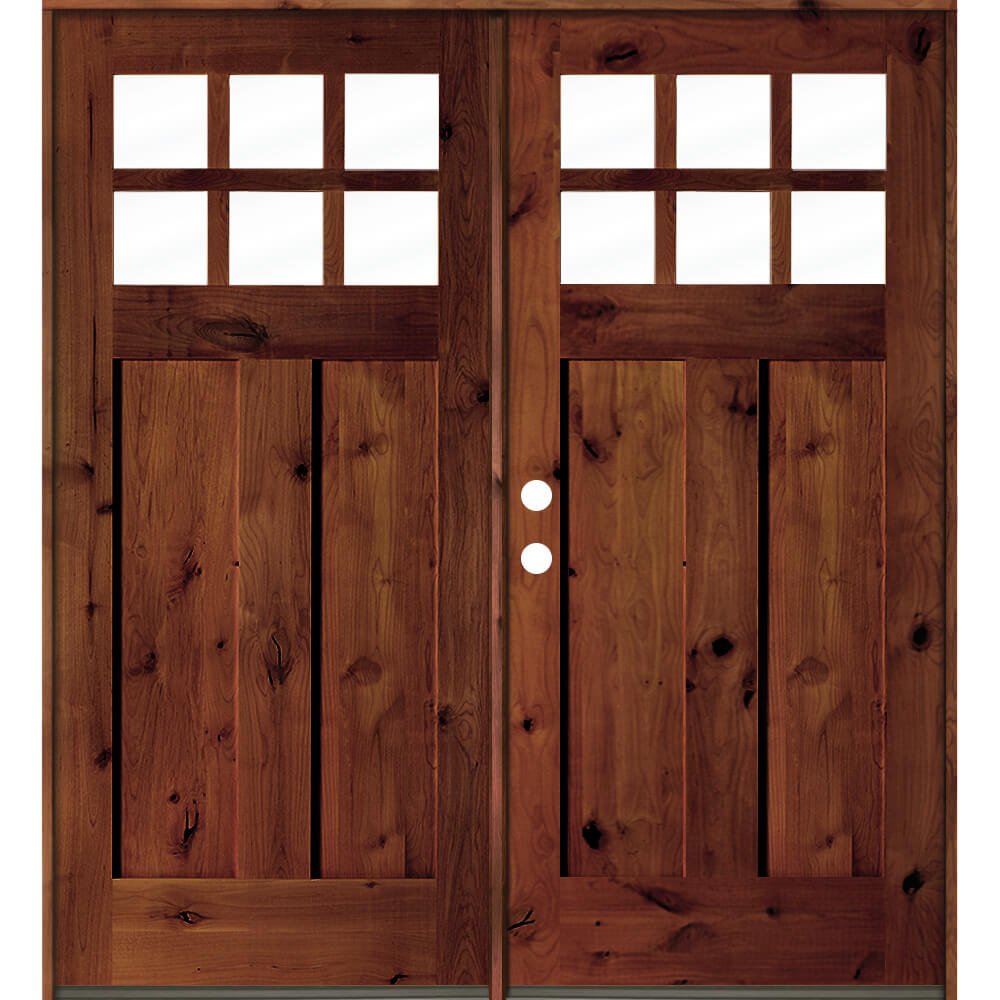 Craftsman Knotty Alder 6 Lite Clear Glass Exterior Double Door - Krosswood
