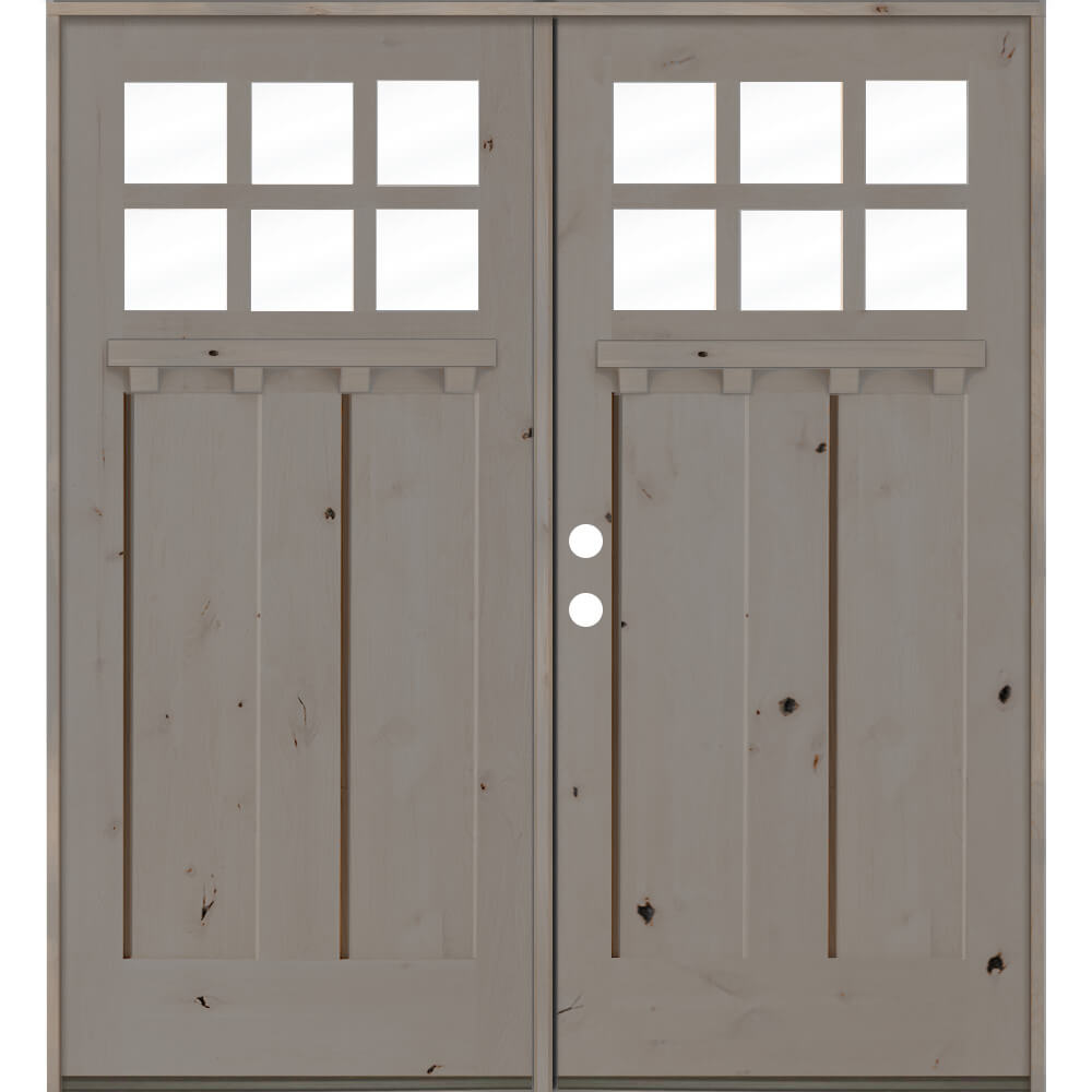 Craftsman Knotty Alder 6 Lite Exterior Double Door with Dentil Shelf - Krosswood