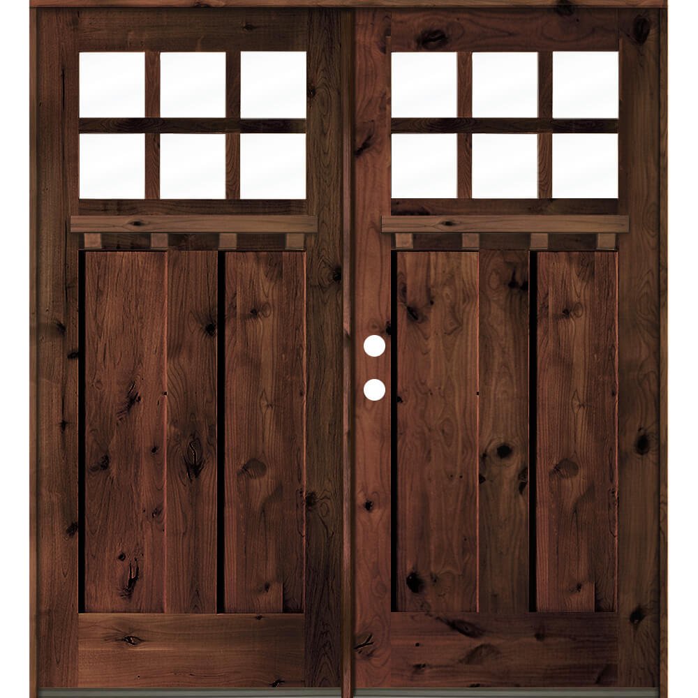 Craftsman Knotty Alder 6 Lite Exterior Double Door with Dentil Shelf - Krosswood