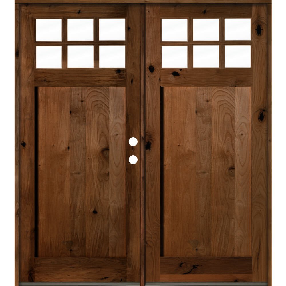 Craftsman Knotty Alder 6 Lite Single Panel Glass Exterior Double Door - Krosswood