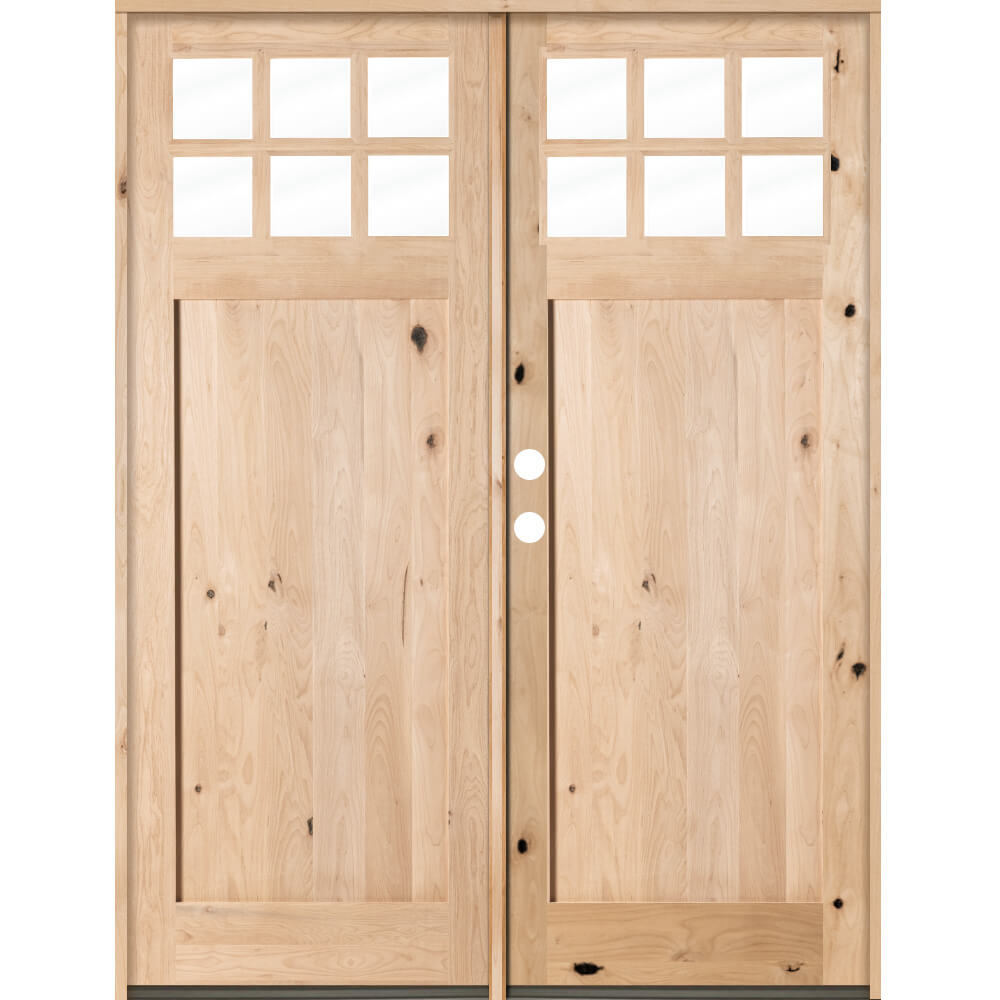 Craftsman Knotty Alder 6 Lite Single Panel Glass Exterior Double Door - Krosswood