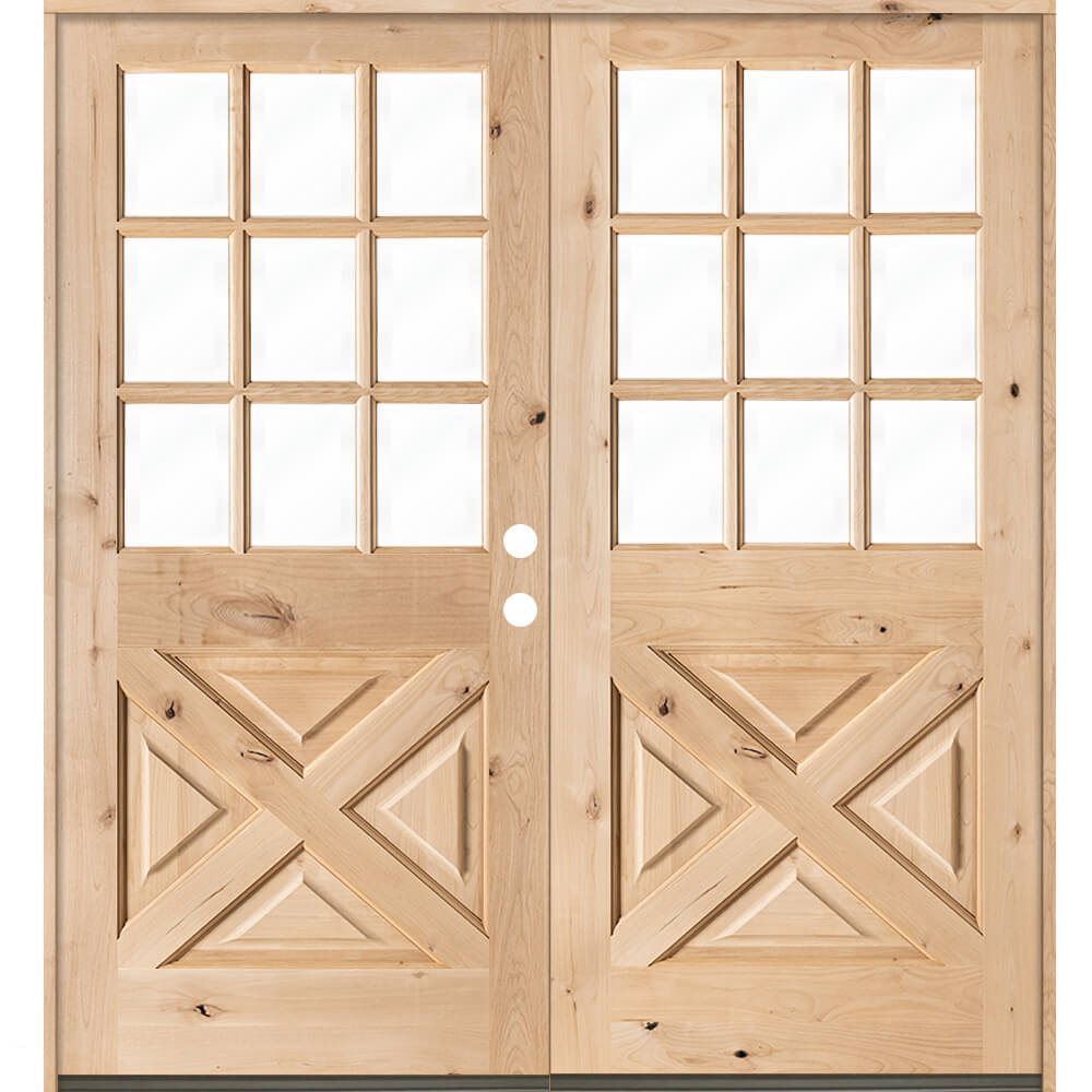 Farmhouse 9 Lite Glass X-Panel Exterior Double Door - Krosswood