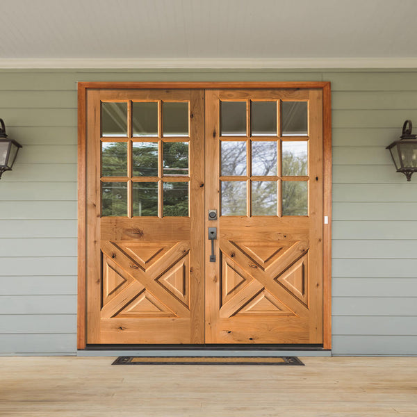 Farmhouse Knotty Alder 9 Glass X-Panel Wood Double Door | Krosswood ...