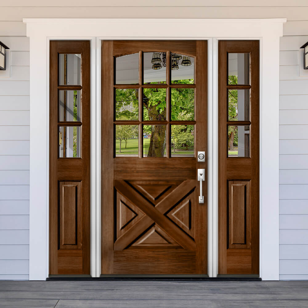 Farmhouse Douglas Fir X-Panel Arch Top Clear Glass Exterior Door - Krosswood