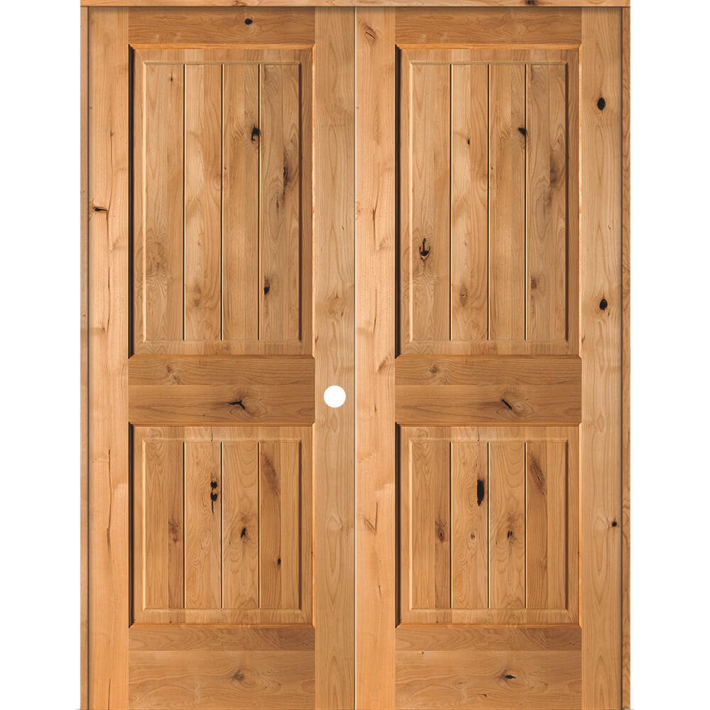 Knotty Alder Wood 2 Panel Square Top V-Groove Double Doors | Krosswood ...