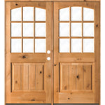 Farmhouse Knotty Alder 9 Lite Glass Arch Top V-Groove Exterior Double Door - Krosswood