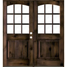 Farmhouse Knotty Alder 9 Lite Glass Arch Top V-Groove Exterior Double Door - Krosswood