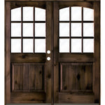 Farmhouse Knotty Alder 9 Lite Glass Arch Top V-Groove Exterior Double Door - Krosswood