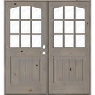 Farmhouse Knotty Alder 9 Lite Glass Arch Top V-Groove Exterior Double Door - Krosswood