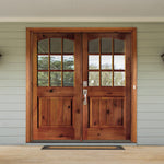 Farmhouse Knotty Alder 9 Lite Glass Arch Top V-Groove Exterior Double Door - Krosswood