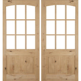 Farmhouse Knotty Alder 9 Lite Glass Arch Top V-Groove Exterior Double Door - Krosswood