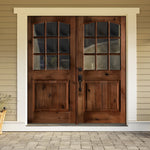 Farmhouse Knotty Alder 9 Lite Glass Arch Top V-Groove Exterior Double Door - Krosswood