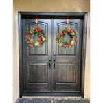 Farmhouse Knotty Alder Arch Top V-Groove Exterior Double Door - Krosswood