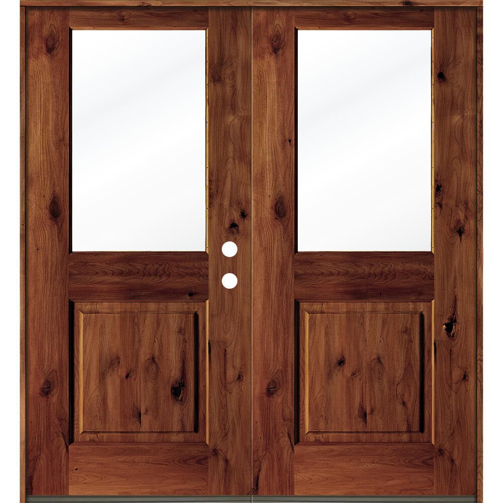 Farmhouse Knotty Alder Half Clear Glass Exterior Double Door - Krosswood